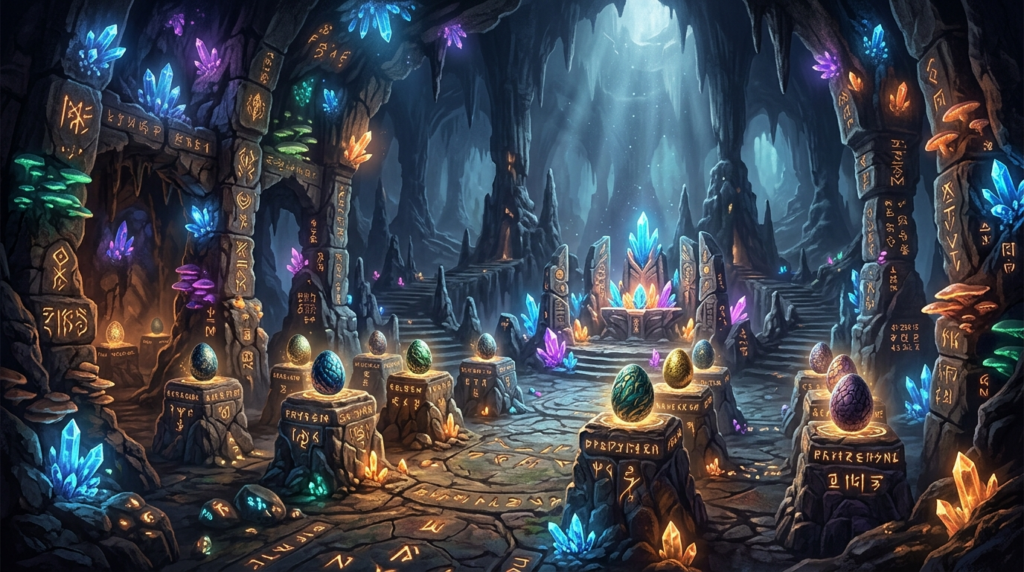 ภาพประกอบถ้ำมังกรโบราณและอัญมณีเวทมนตร์ แสดงธีมเกม Dragon Hatch