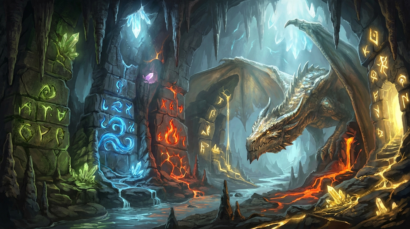 ภาพประกอบถ้ำมังกรโบราณและอัญมณีเวทมนตร์ แสดงธีมเกม Dragon Hatch