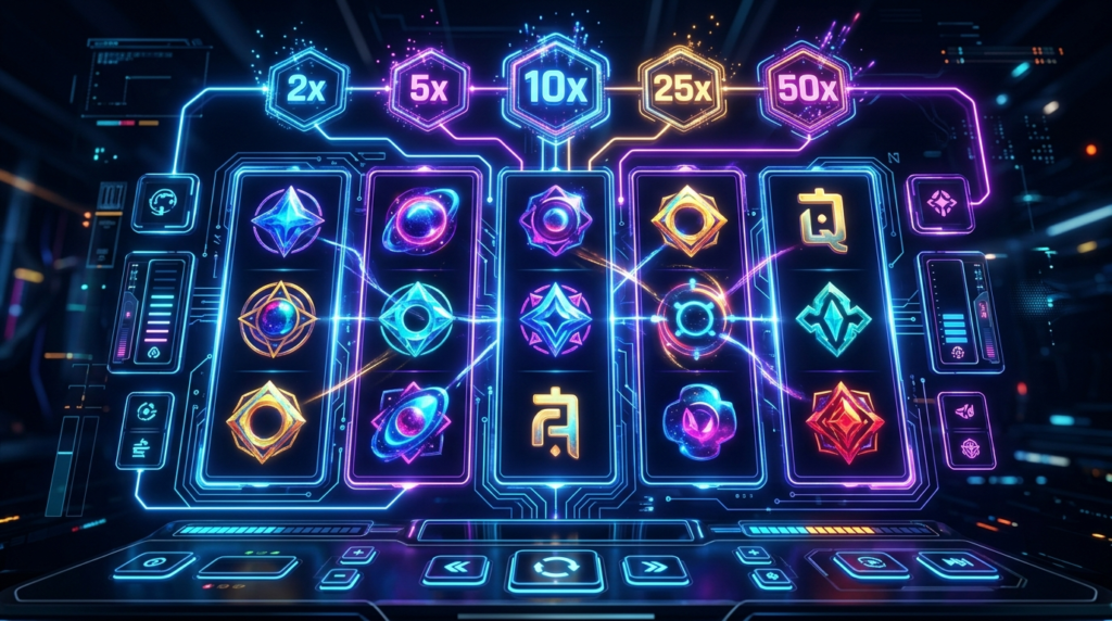ภาพจำลองกราฟิกหน้าจอเกมสล็อตและฟีเจอร์โบนัสรอบหมุนฟรี