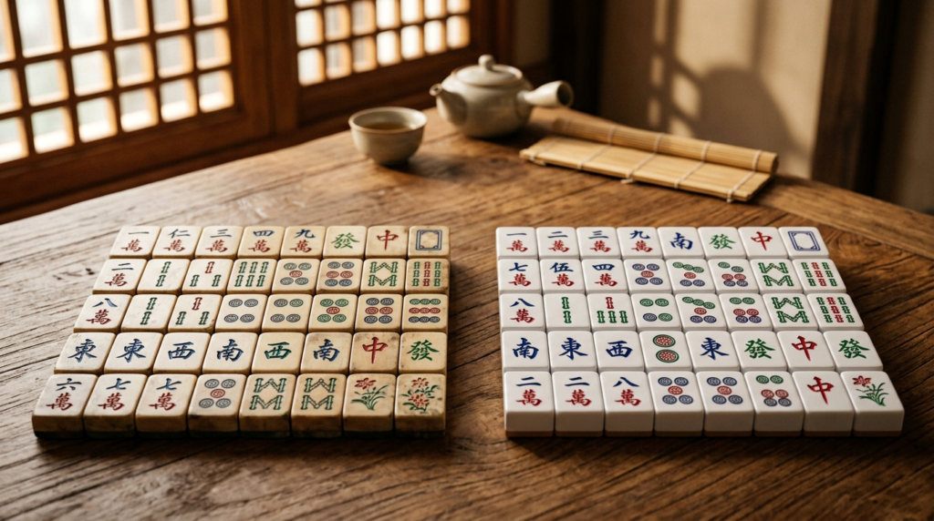 ไพ่นกกระจอกจีนวางเรียงบนโต๊ะไม้สำหรับการเปรียบเทียบระบบเกม Mahjong Ways