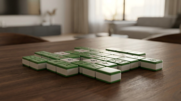 ไพ่นกกระจอกจีนวางเรียงบนโต๊ะไม้สำหรับการเปรียบเทียบระบบเกม Mahjong Ways