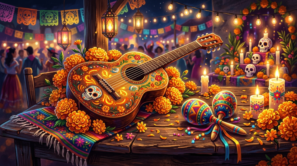 บรรยากาศงานเทศกาล Day of the Dead สไตล์เม็กซิกันพร้อมเครื่องดนตรีและของประดับตกแต่ง