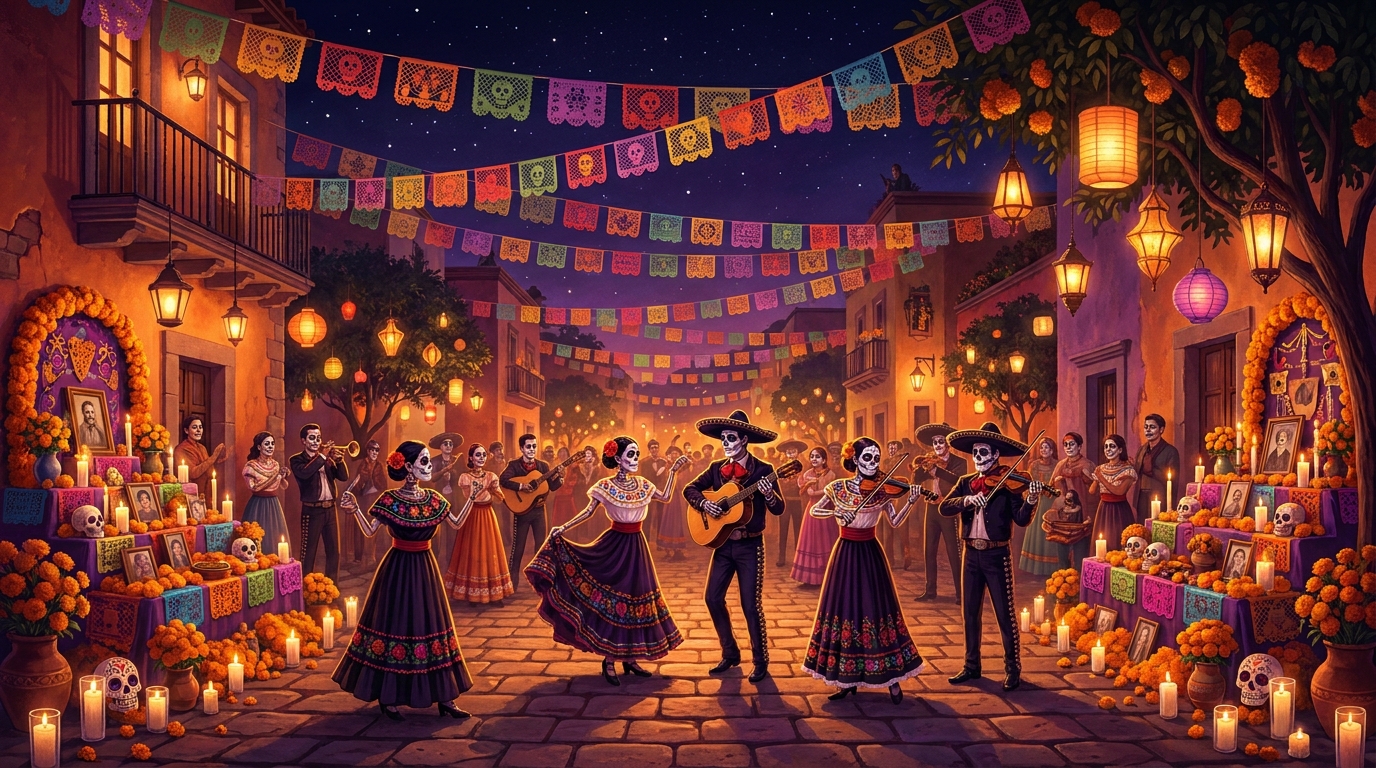 บรรยากาศงานเทศกาล Day of the Dead สไตล์เม็กซิกันพร้อมเครื่องดนตรีและของประดับตกแต่ง